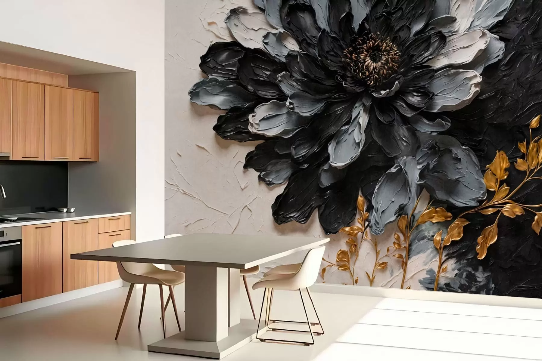 Murale Fleur texturée noire et grise avec des branches décoratives w05883