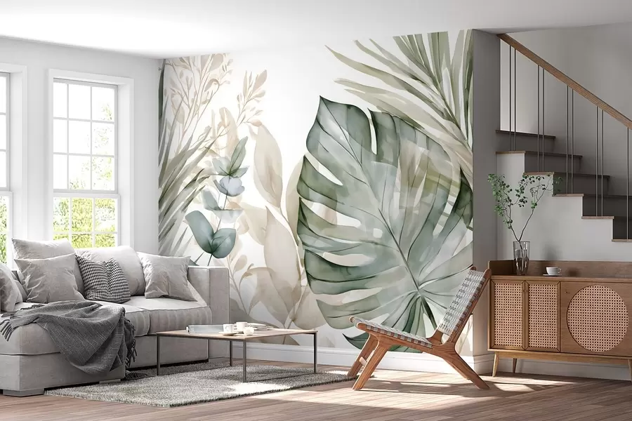 Murale Grandes feuilles tropicales dans un style aquarelle w05867