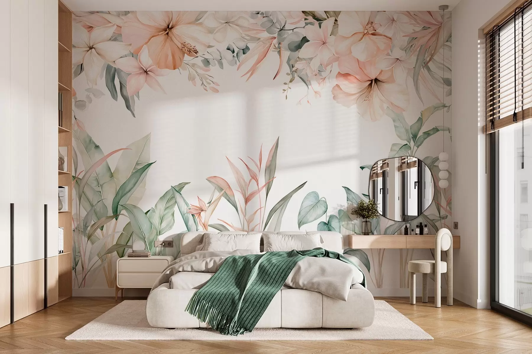 Murale Une composition tropicale de fleurs et de plantes, réalisée dans un style aquarelle, aux nuances délicates w05870