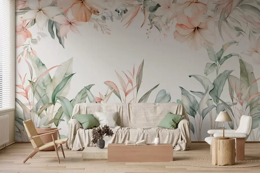 Murale Une composition tropicale de fleurs et de plantes, réalisée dans un style aquarelle, aux nuances délicates w05870