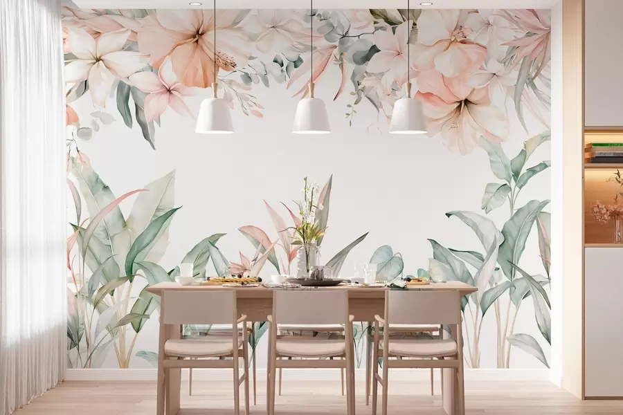 Murale Une composition tropicale de fleurs et de plantes, réalisée dans un style aquarelle, aux nuances délicates w05870