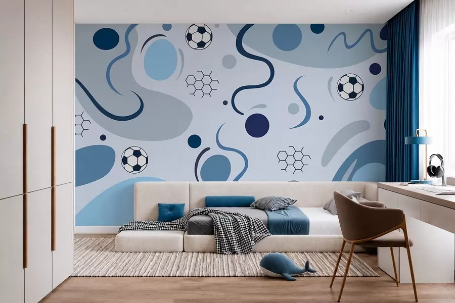 Murale Formes abstraites colorées, ballons de football et schémas w05142