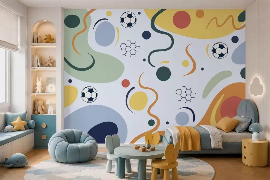 Murale Formes abstraites, ballons de football, lignes et cercles w05142v2