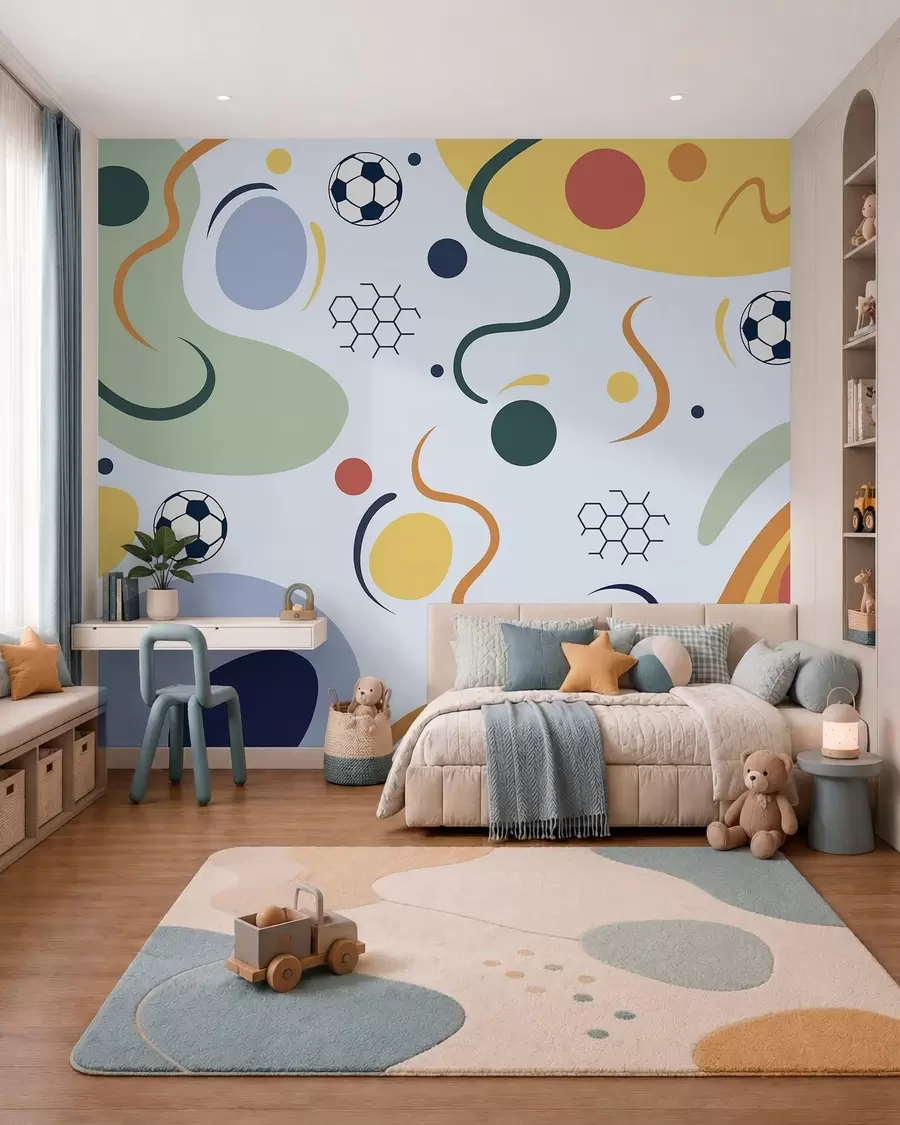Murale Formes abstraites, ballons de football, lignes et cercles w05142v2