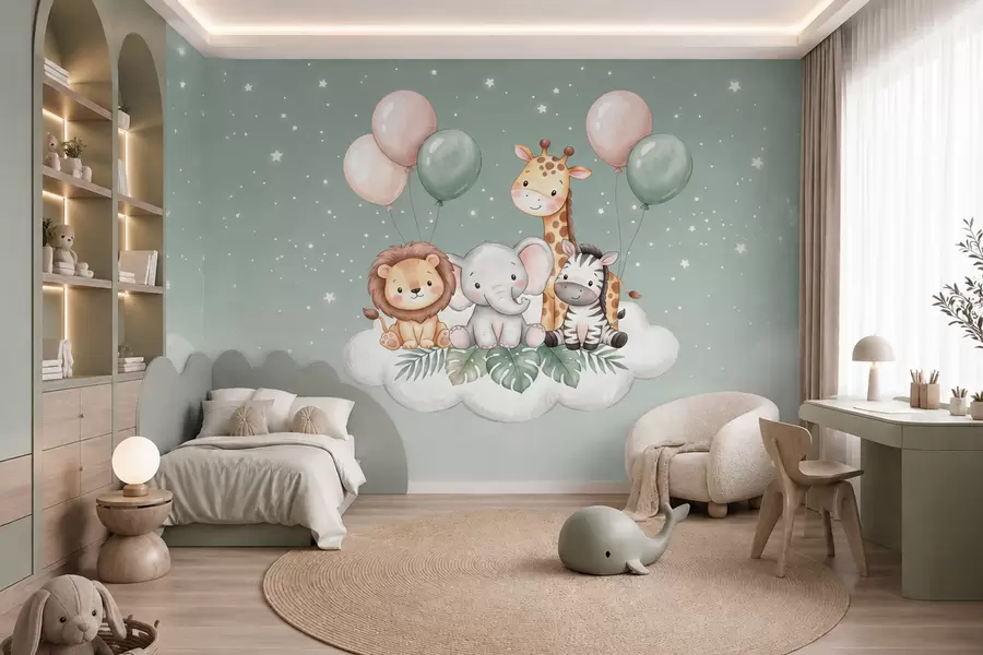 Murale Des animaux de safari sympathiques posés sur des nuages duveteux, dans des tons pastel doux, dans un style aquarelle w10004