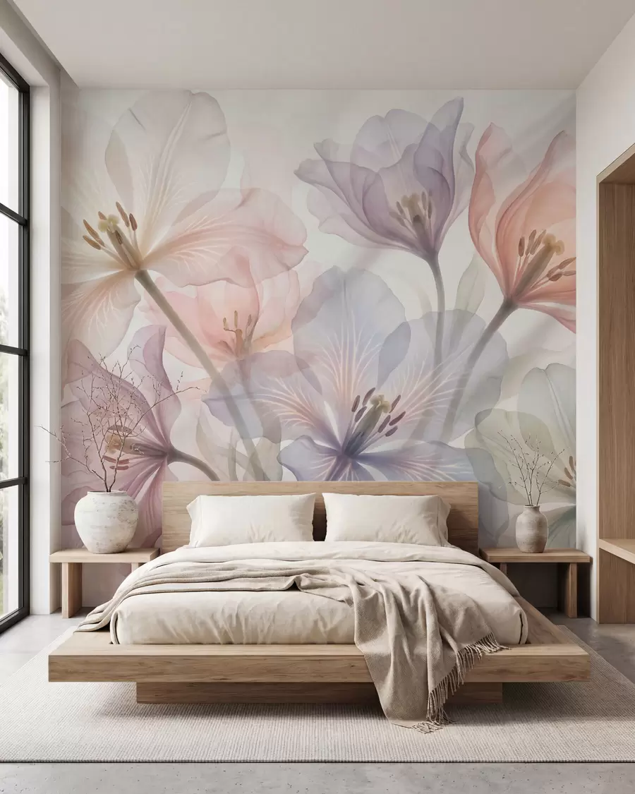 Fototapete Zarte, transparente Blumen in Pastelltönen im Aquarellstil w09999