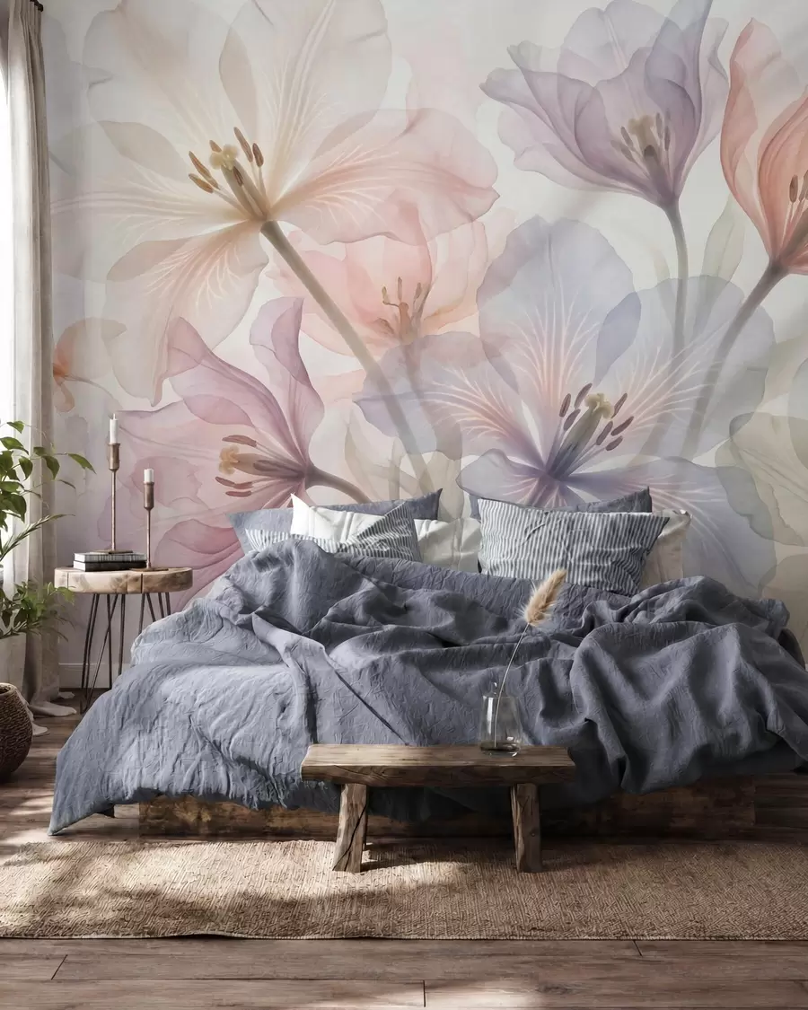 fototapeter Fint, gennemsigtige blomster i pastelfarver, i akvarelstil w09999