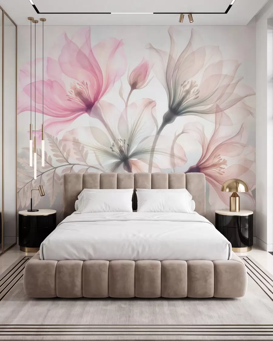Fototapete Zarte Blumen in pastellrosa und pastellblauen Farbtönen im Aquarellstil w10009