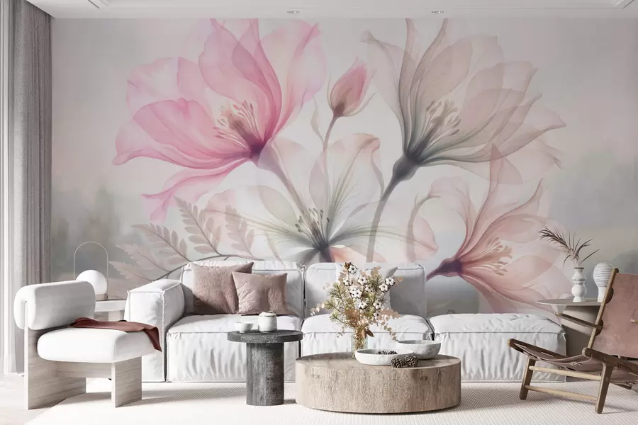 Fototapete Zarte Blumen in pastellrosa und pastellblauen Farbtönen im Aquarellstil w10009
