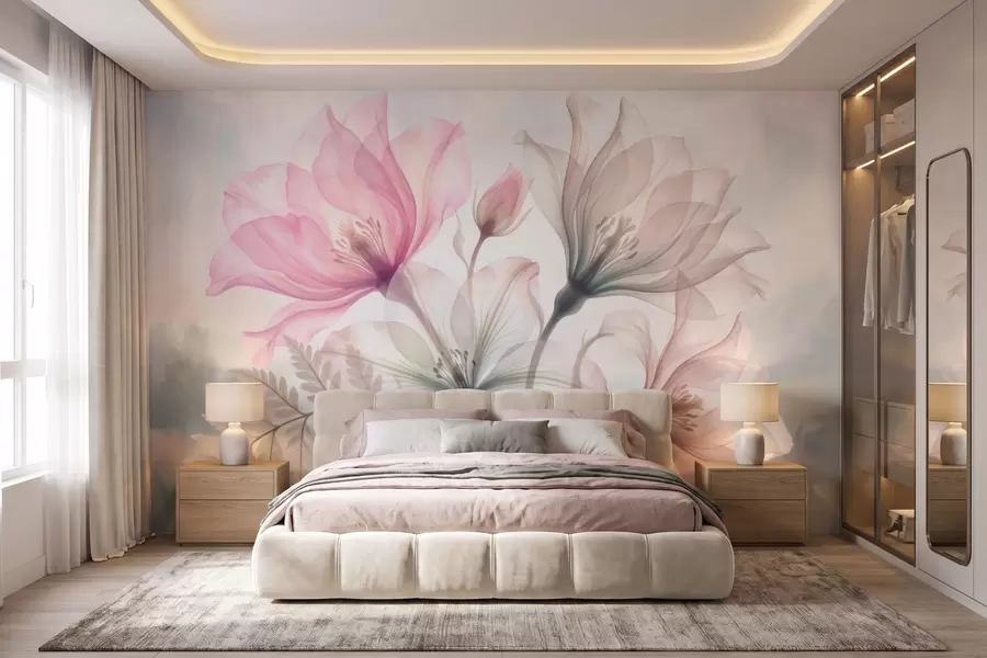 Fototapete Zarte Blumen in pastellrosa und pastellblauen Farbtönen im Aquarellstil w10009