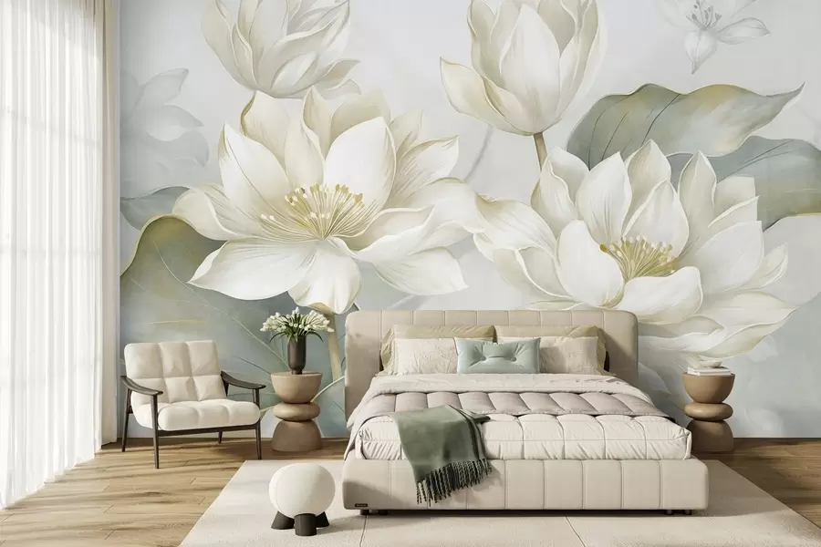 Murale Des fleurs de lotus texturées aux pétales délicats, accompagnées de grandes feuilles d'un vert discret w10027