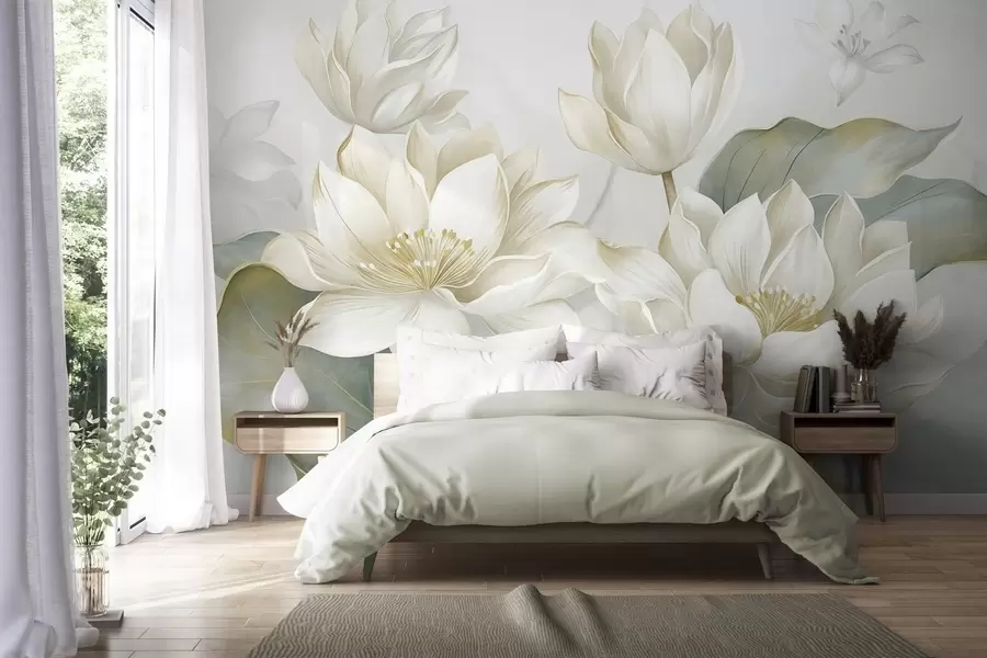 fototapeter Lotusblomster med struktur og fine kronblade samt store, dæmpet grønne blade w10027