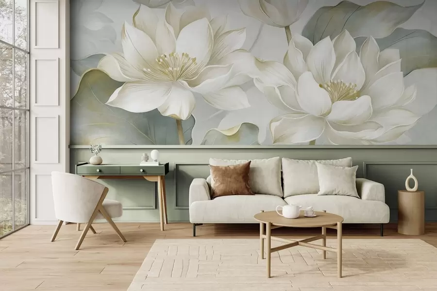 fototapeter Lotusblomster med struktur og fine kronblade samt store, dæmpet grønne blade w10027