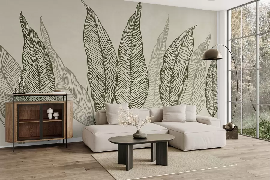 Murale Feuilles vertes stylisées aux traits finement travaillés sur fond beige, illustration texturée w10030