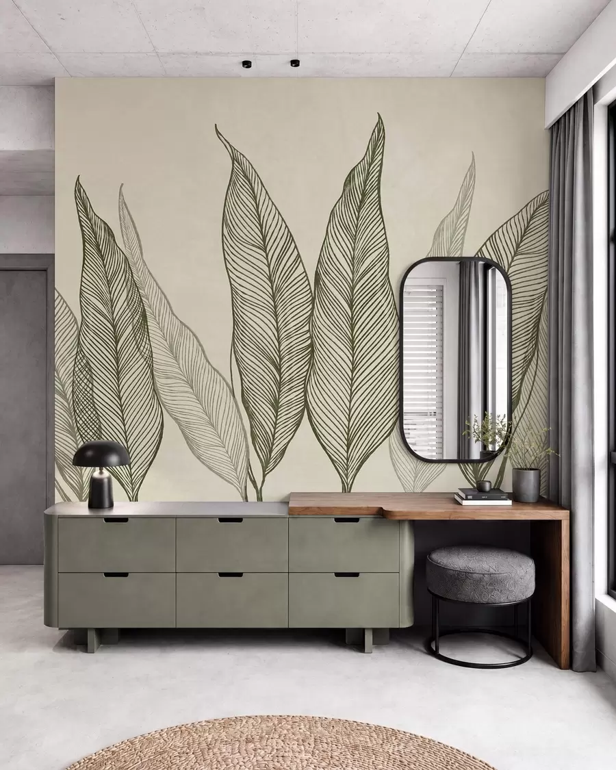 Murale Feuilles vertes stylisées aux traits finement travaillés sur fond beige, illustration texturée w10030