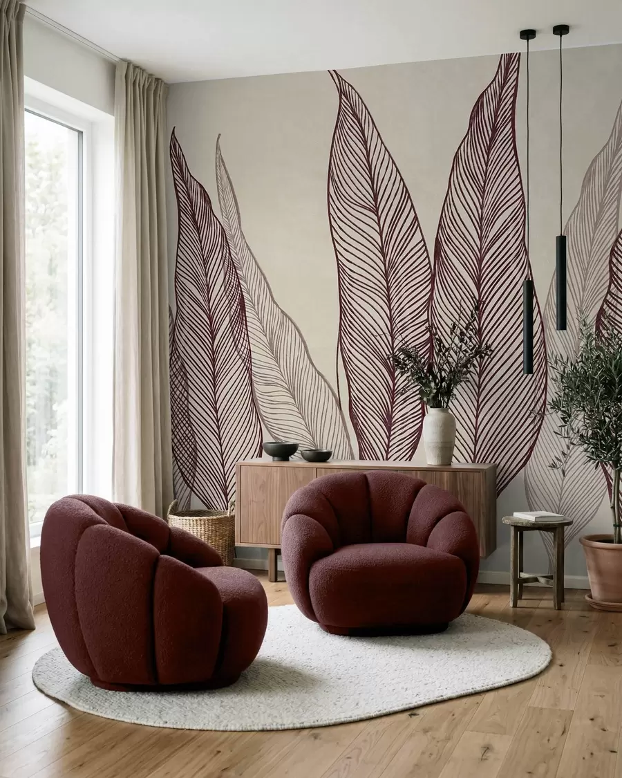 fototapeter Stiliserede burgunderfarvede blade med indviklede linjedetaljer på en beige baggrund, tekstureret kunst w10030v1