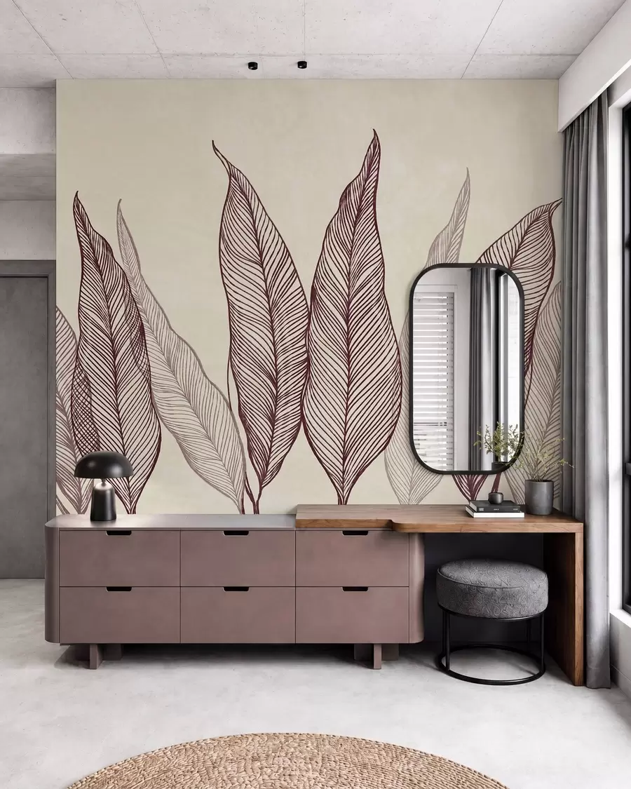 fototapeter Stiliserede burgunderfarvede blade med indviklede linjedetaljer på en beige baggrund, tekstureret kunst w10030v1