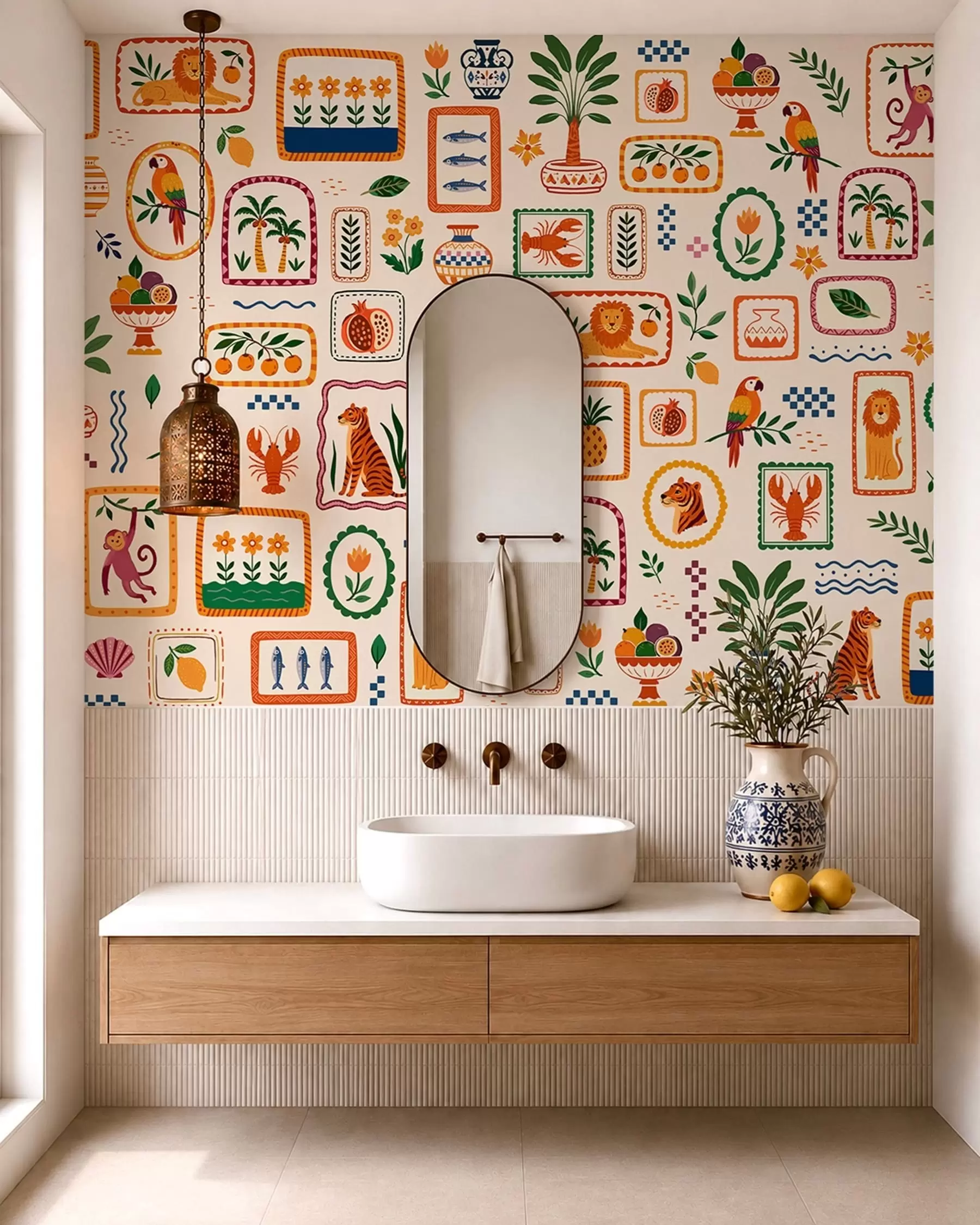 Murale Motif coloré représentant des animaux, des plantes et des fruits w05885