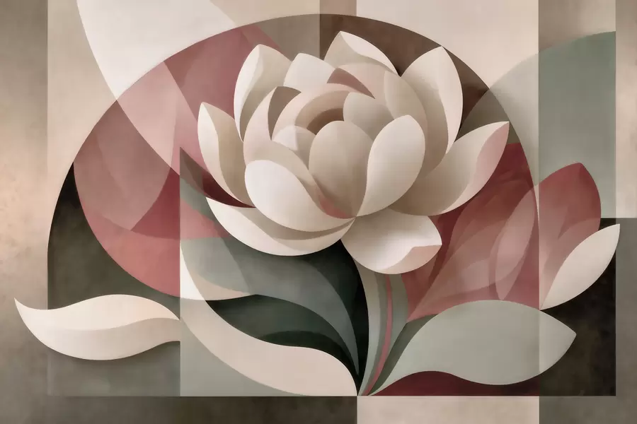 Fototapete Große abstrakte Blume in facettierter geometrischer Technik, in einer gedeckten Puder-Smaragd-Farbpalette w10035