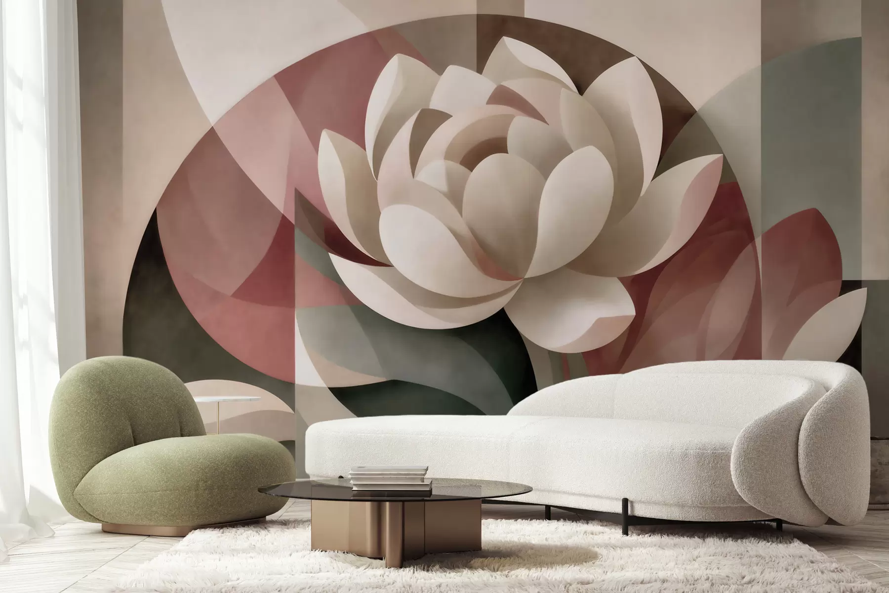 Murale Grande fleur abstraite réalisée selon une technique géométrique à facettes, dans une palette de tons poudrés et émeraude atténués w10035