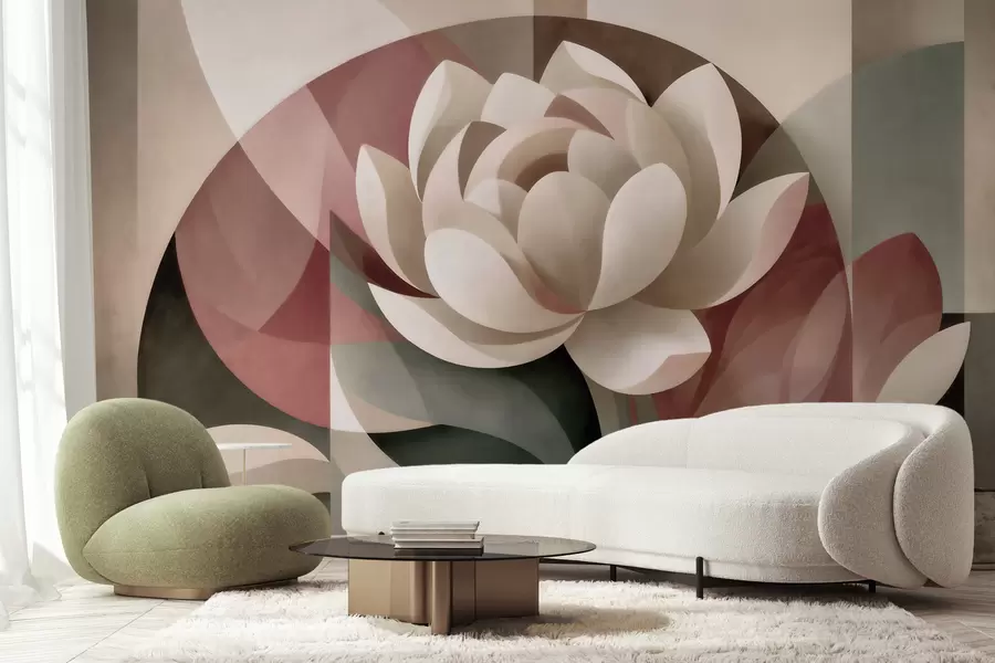 Fototapete Große abstrakte Blume in facettierter geometrischer Technik, in einer gedeckten Puder-Smaragd-Farbpalette w10035