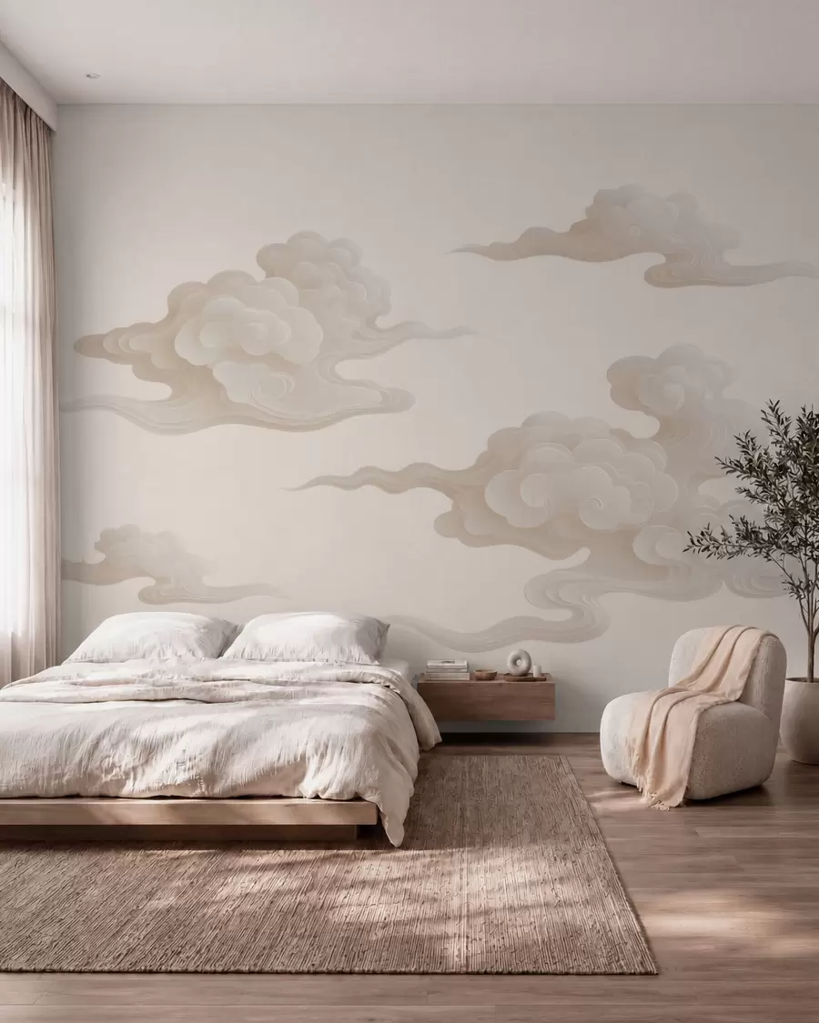 fototapeter Minimalistiske orientalske skyer i beige-cremefarvede nuancer w10036