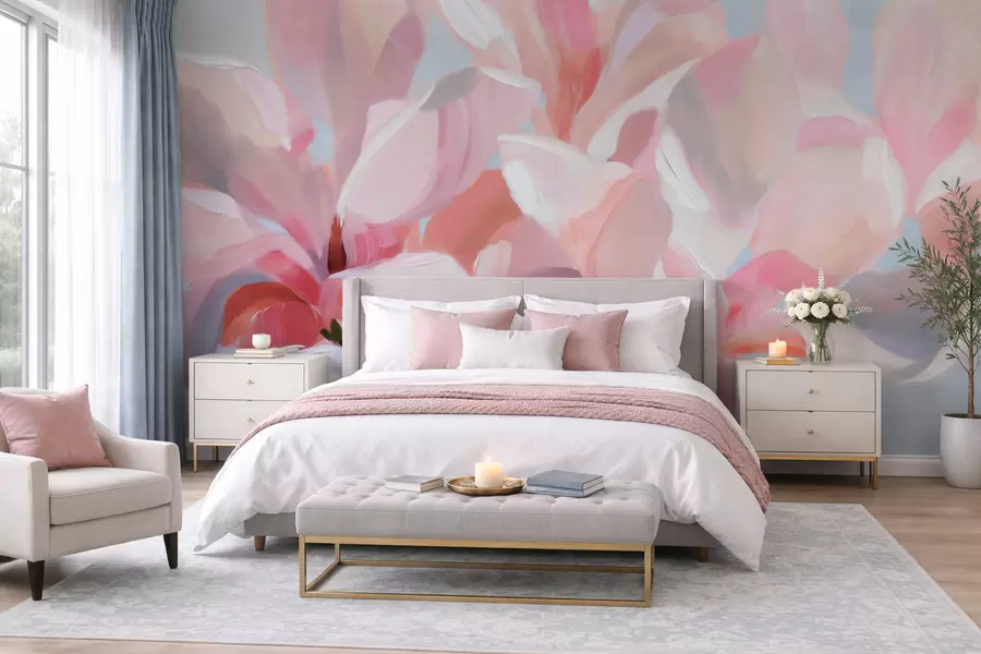 Fototapete Nahaufnahme einer rosa Magnolie, im Stil einer sanften, malerischen Technik w10043