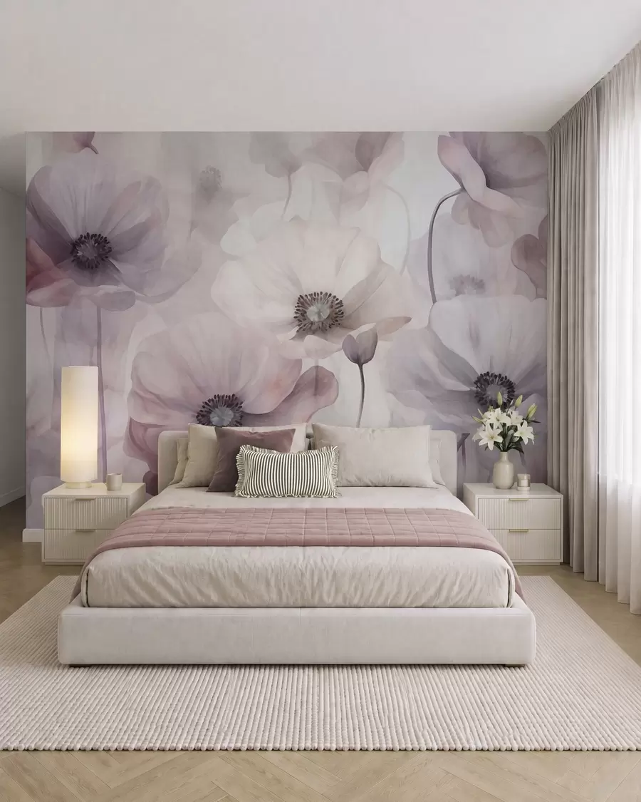 Murale Des coquelicots rose pâle et blancs aux pétales délicats w10029v1