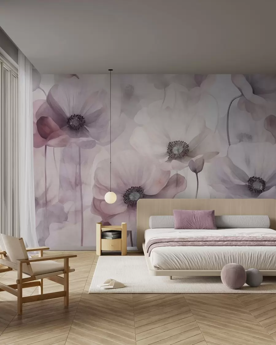 Murale Des coquelicots rose pâle et blancs aux pétales délicats w10029v1