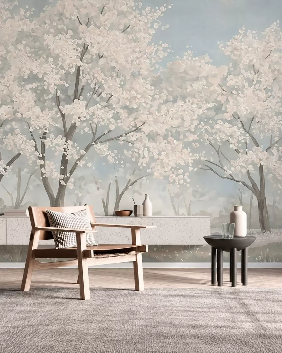 fototapeter Blege, blomstrende træer på en eng i pastelfarver w05897
