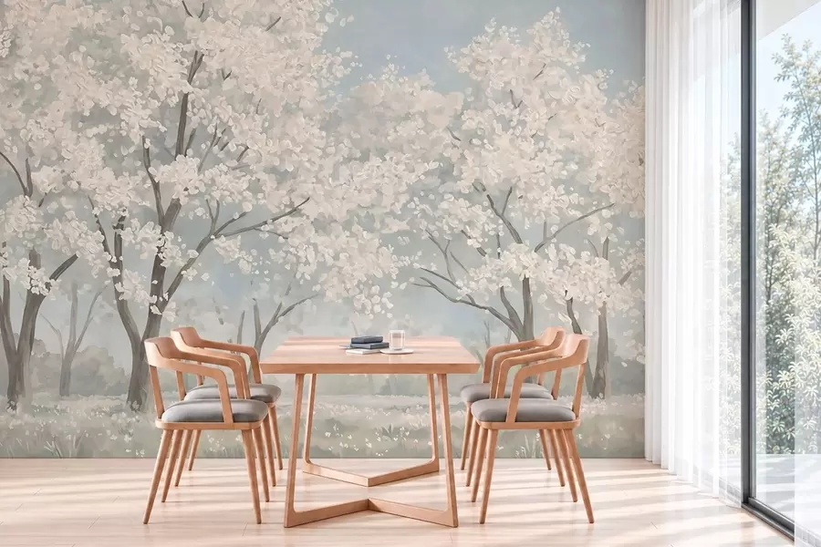 fototapeter Blege, blomstrende træer på en eng i pastelfarver w05897