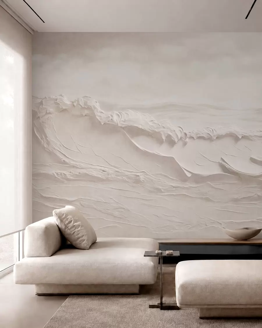 Murale Vagues marines en relief dans des tons neutres clairs w05898v1