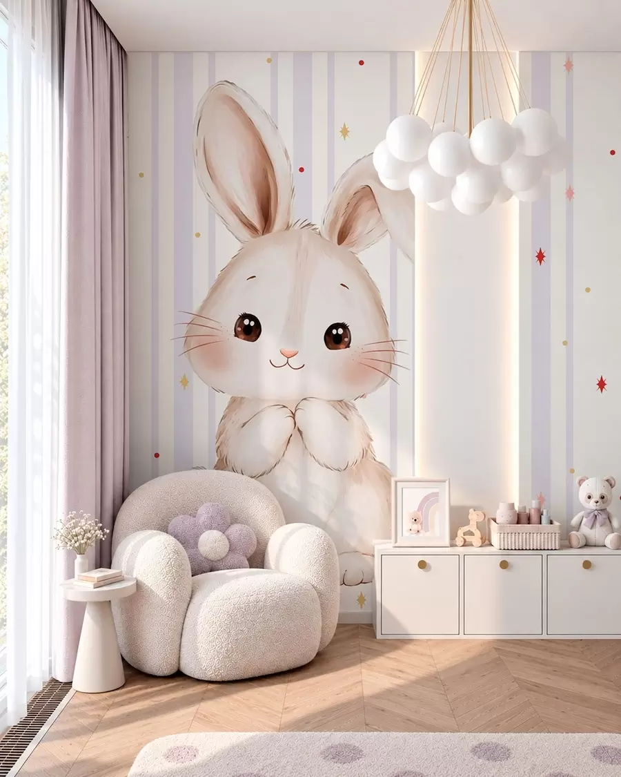 Murale Adorable lapin sur fond de rayures lilas et d'étoiles lumineuses w05920v1