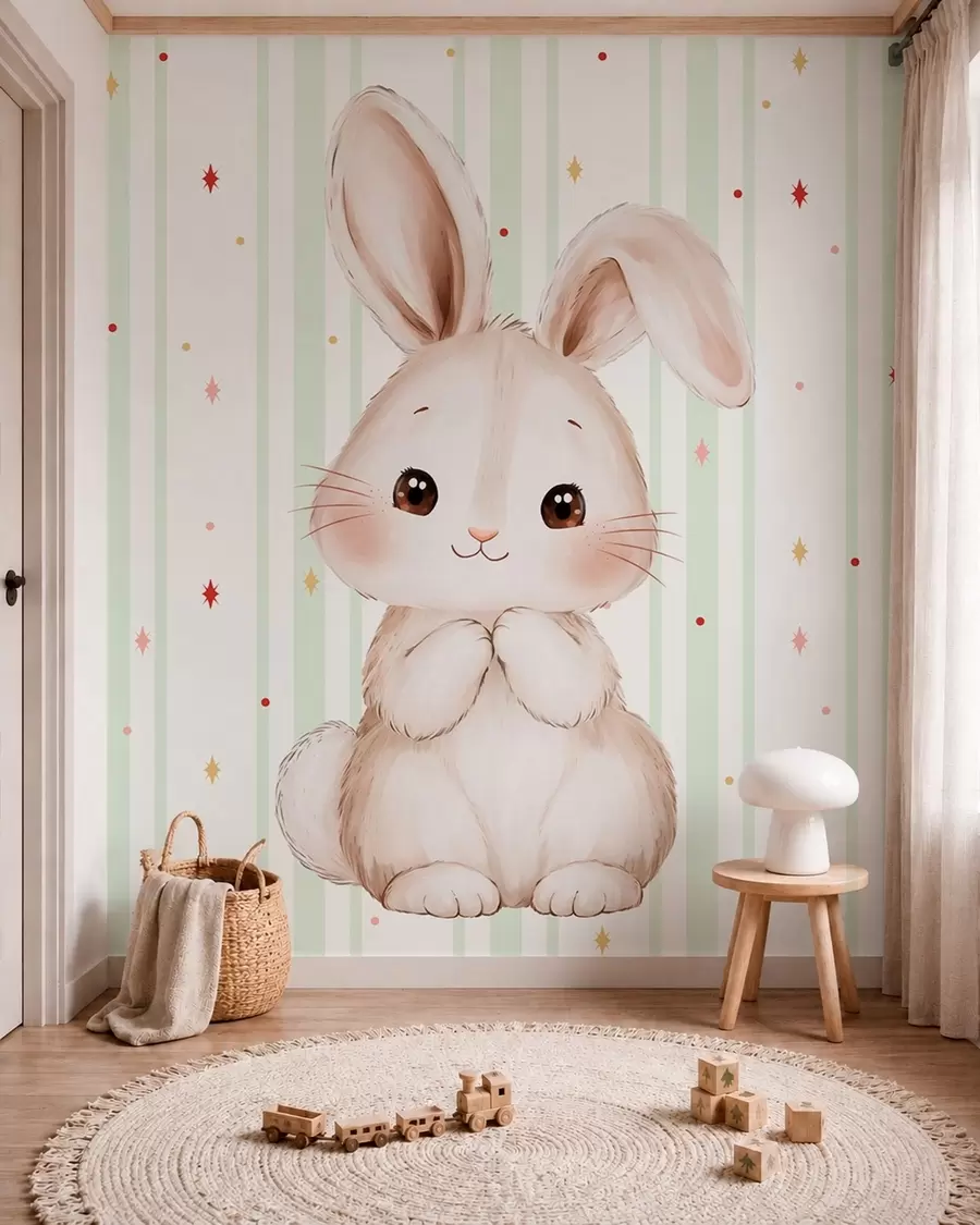 Murale Adorable lapin sur fond de rayures vertes et d’étoiles lumineuses w05920v2