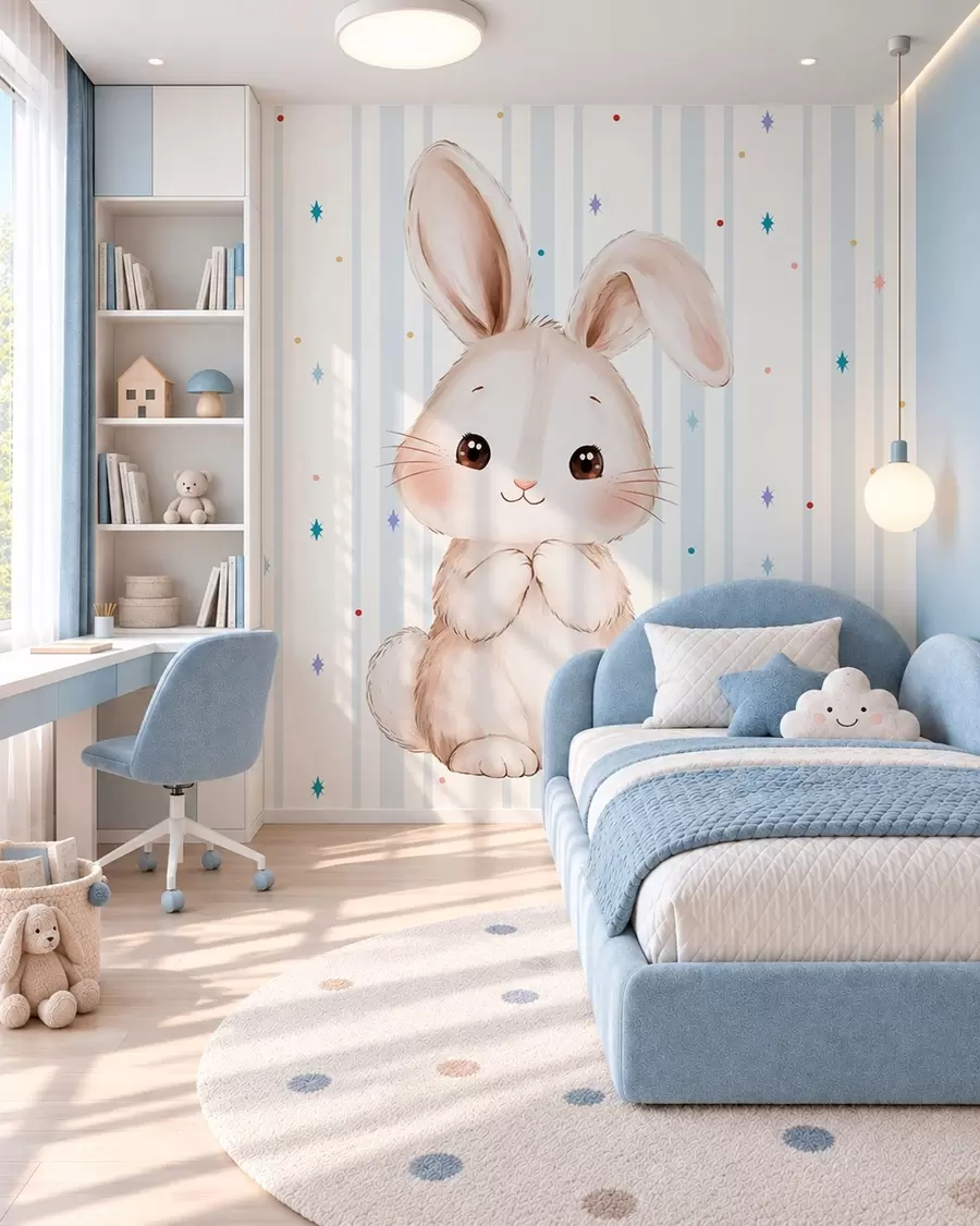 Murale Adorable lapin sur fond de rayures bleues et d'étoiles colorées w05920v3
