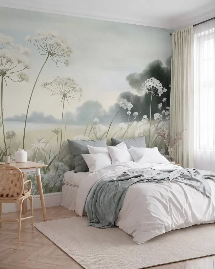 fototapeter Landskab med vilde blomster og højt græs på en mark, afdæmpede farver, struktureret w10032
