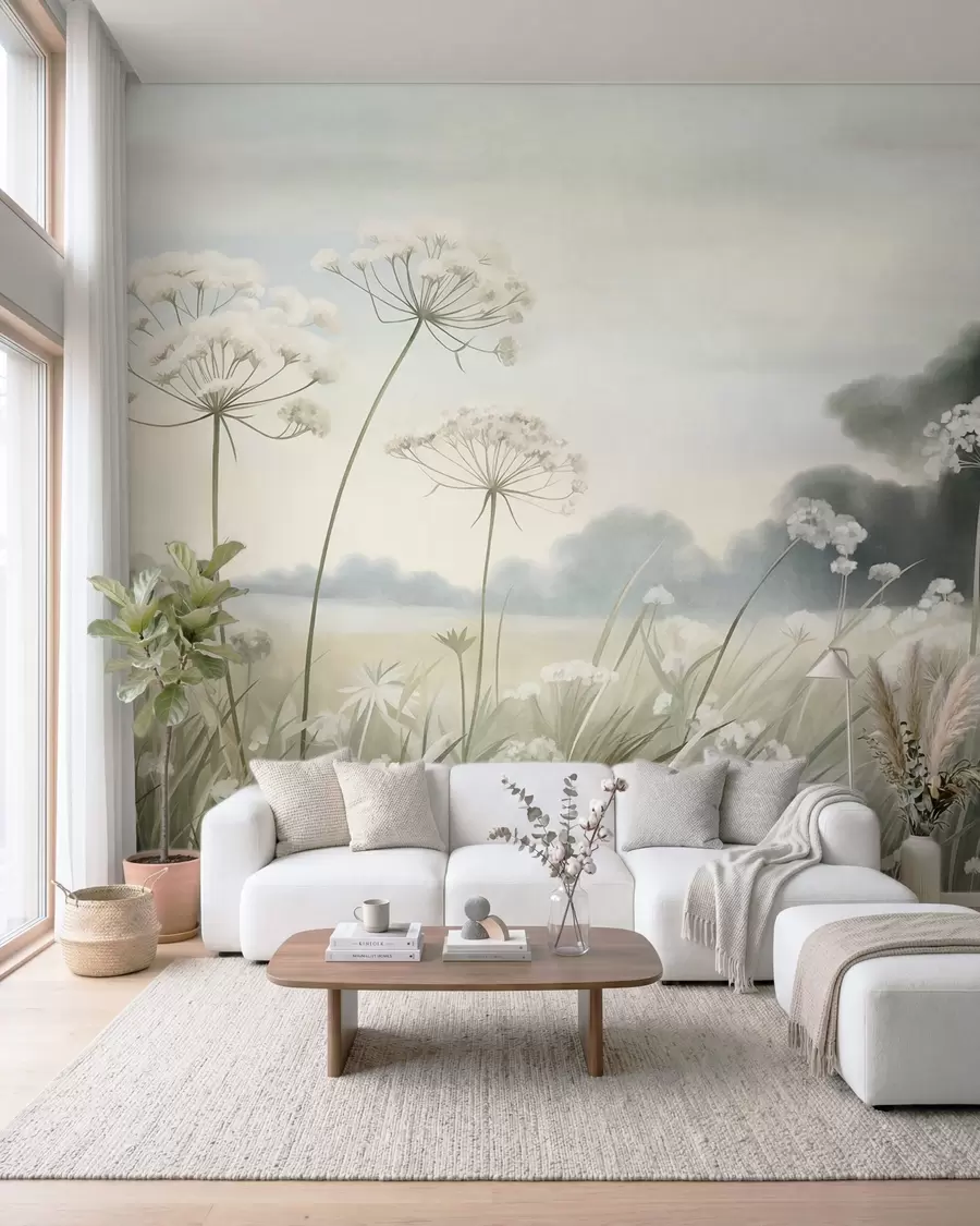 fototapeter Landskab med vilde blomster og højt græs på en mark, afdæmpede farver, struktureret w10032