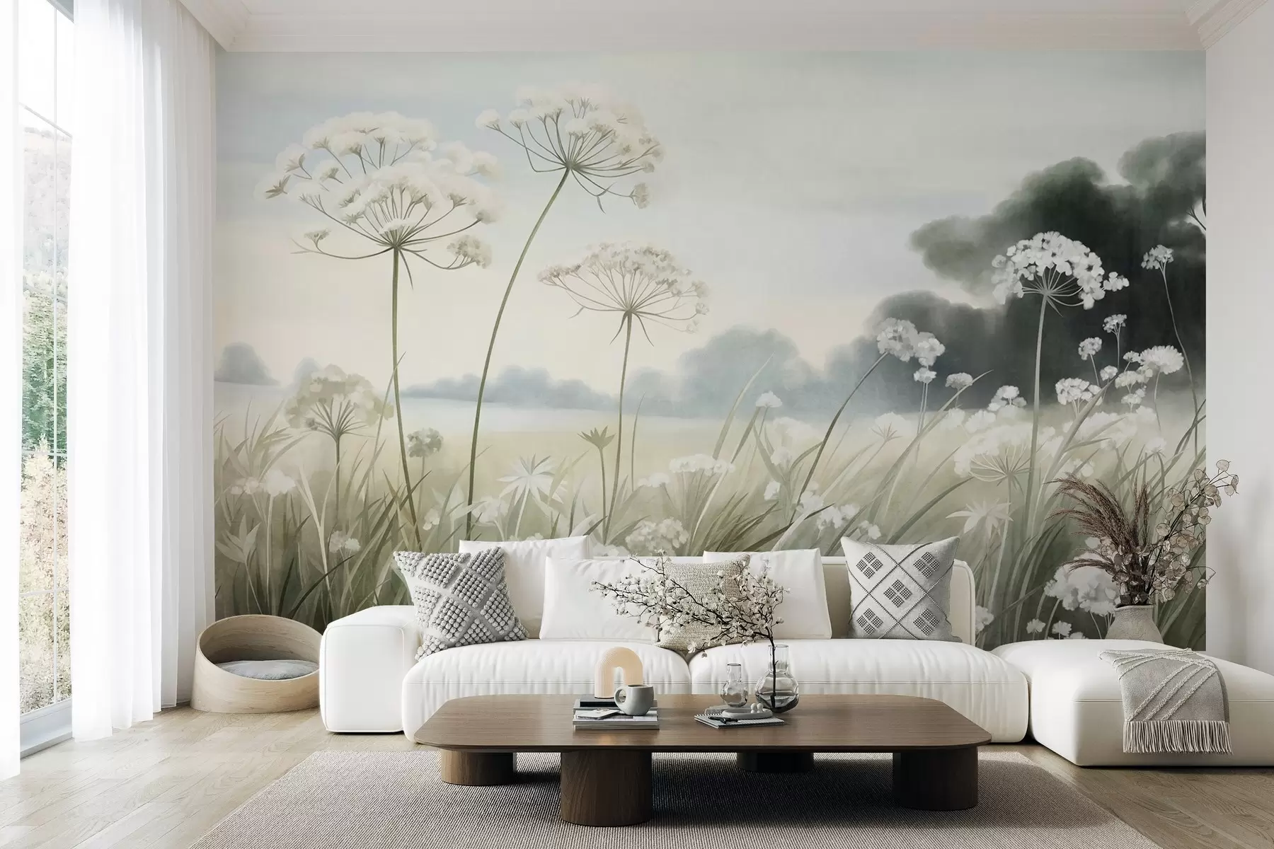 fototapeter Landskab med vilde blomster og højt græs på en mark, afdæmpede farver, struktureret w10032