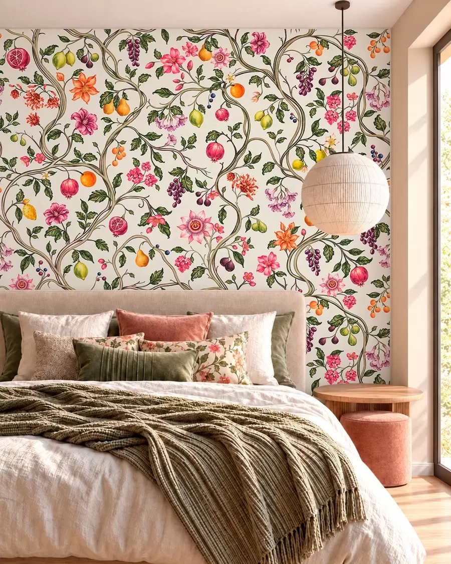 fototapeter Slyngende grene med blomster, frugter og grønne blade w05862