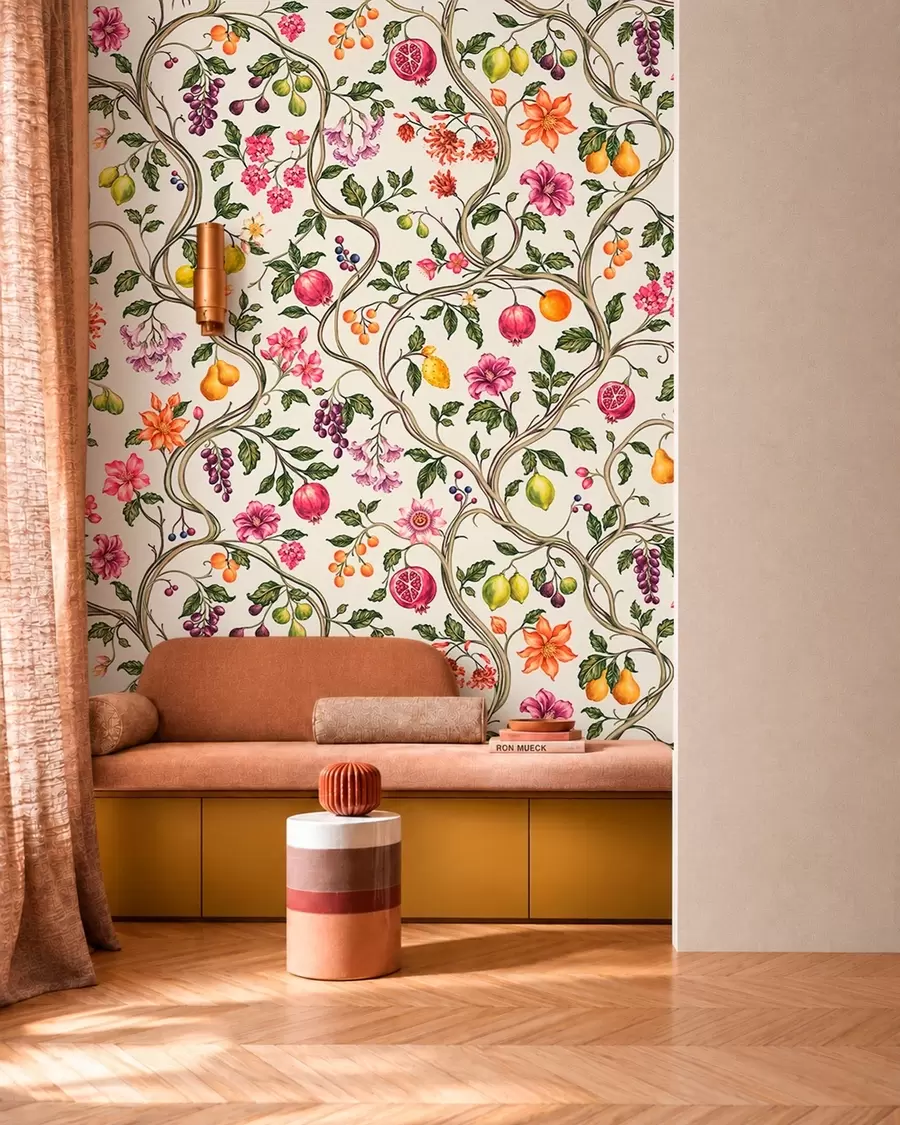 fototapeter Slyngende grene med blomster, frugter og grønne blade w05862