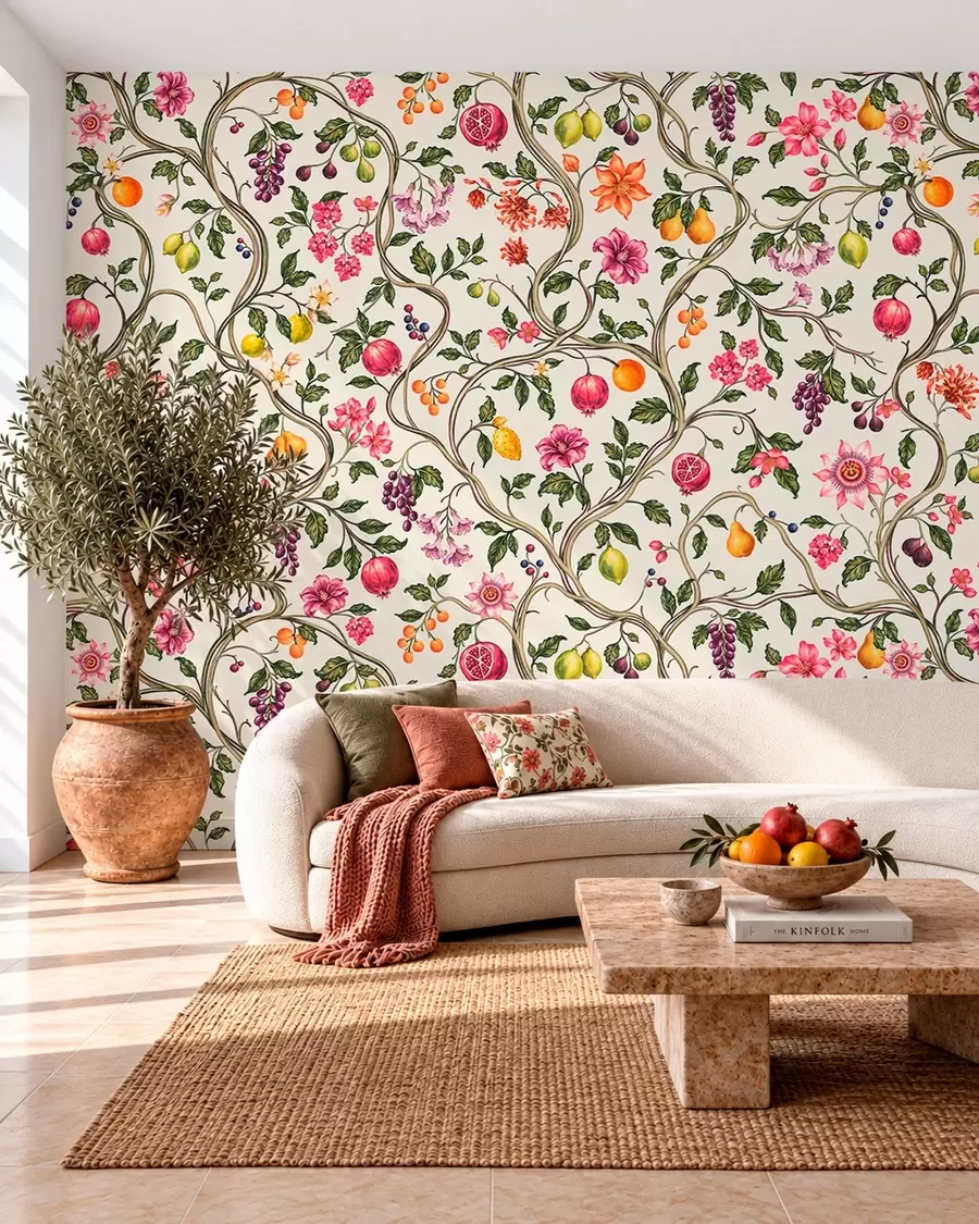 fototapeter Slyngende grene med blomster, frugter og grønne blade w05862