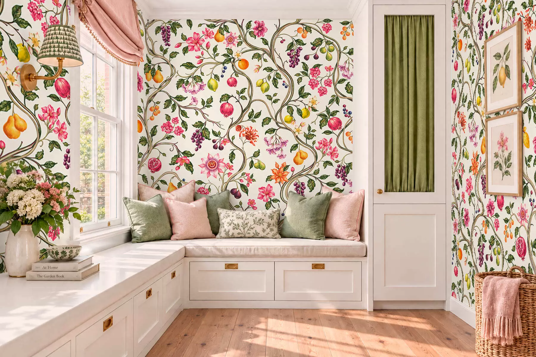 fototapeter Slyngende grene med blomster, frugter og grønne blade w05862