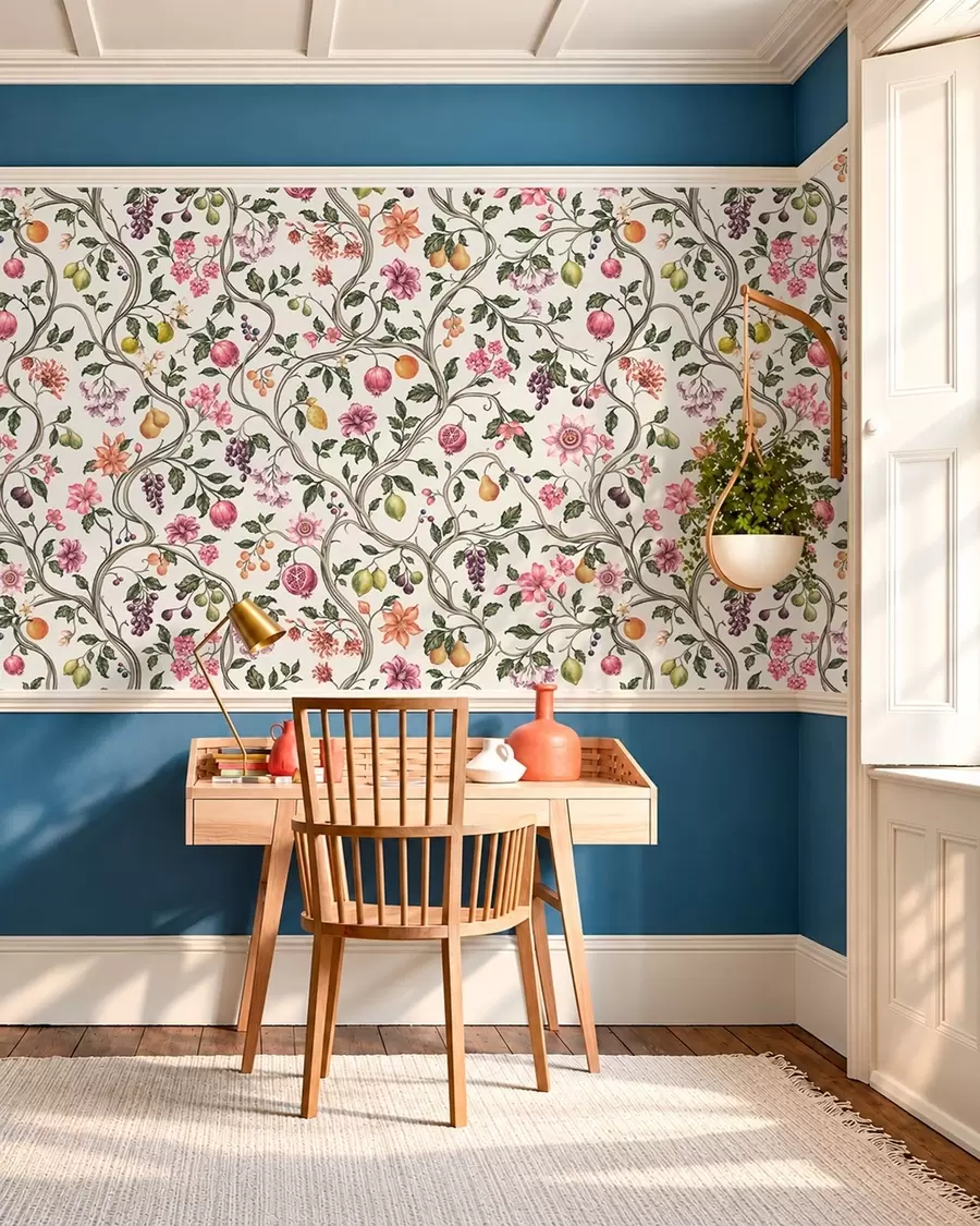 fototapeter Blomster- og frugtmønster med slyngende grene w05862v1