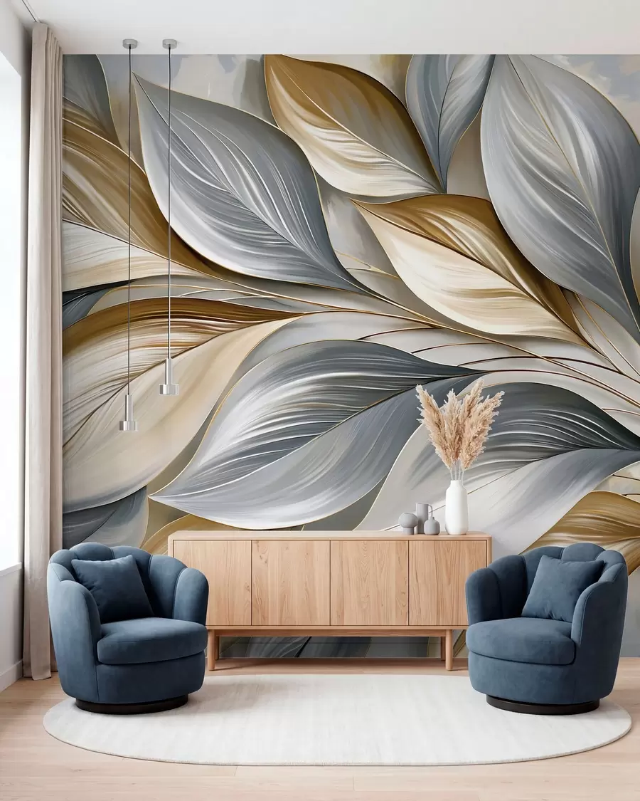 Murale Feuilles sculptées bleues w10076