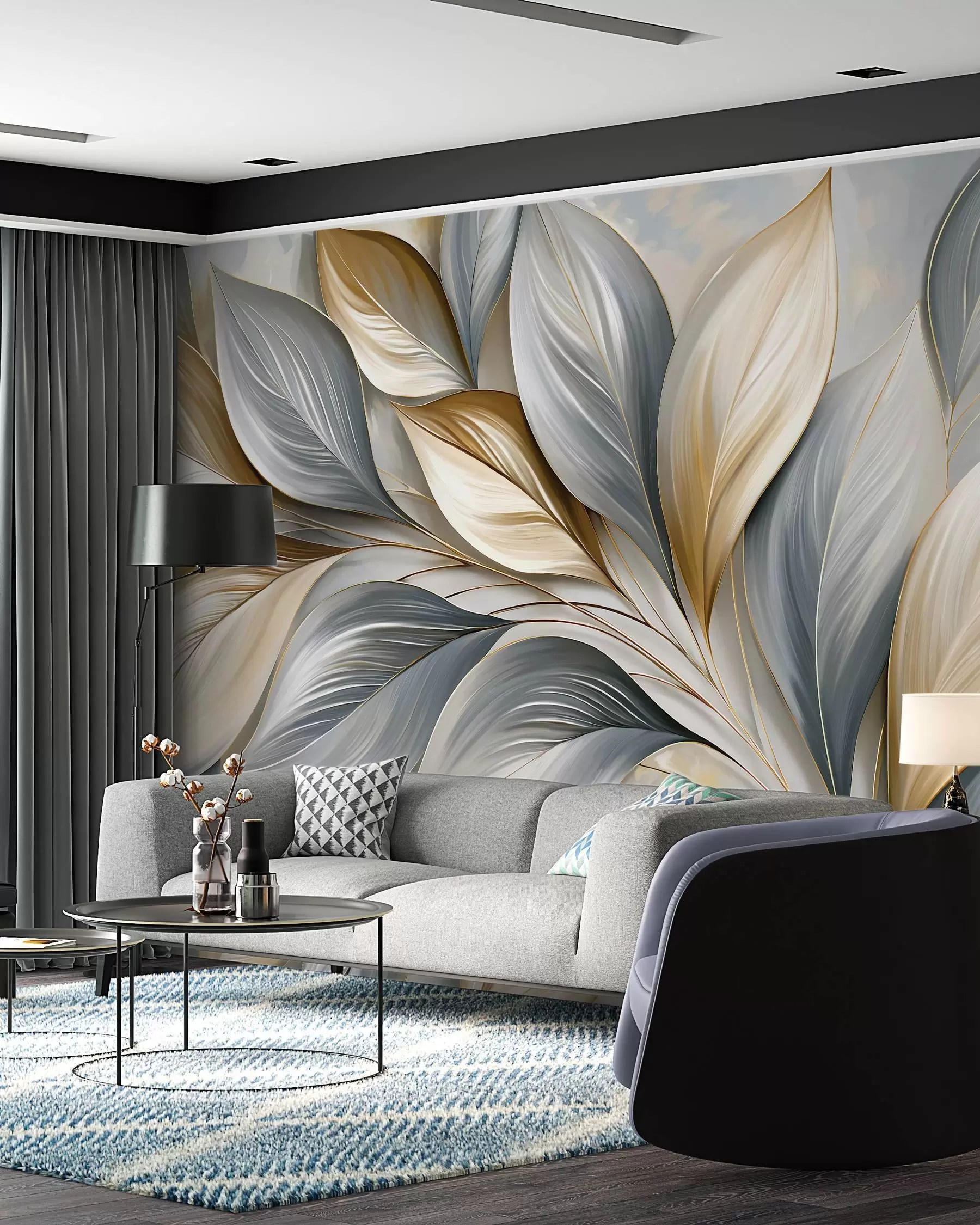 Murale Feuilles sculptées bleues w10076