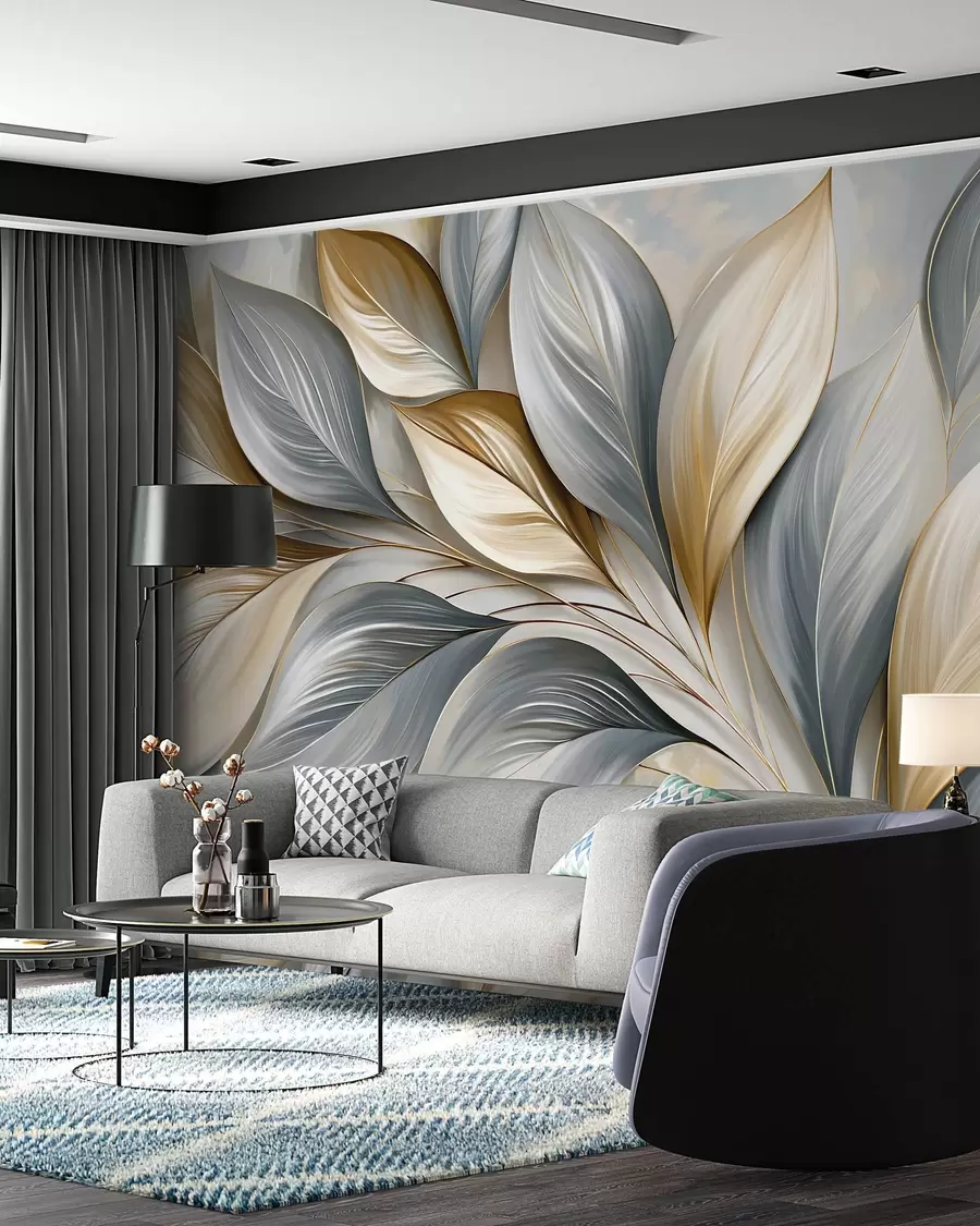 Murale Feuilles sculptées bleues w10076