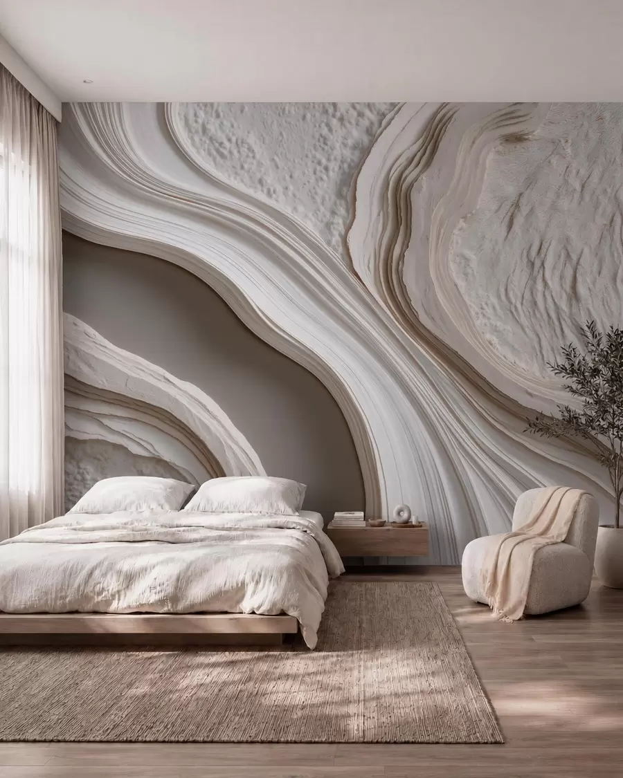 fototapeter Efterligning af bølget, struktureret puds i creme-beige nuancer med 3D-effekt w10042
