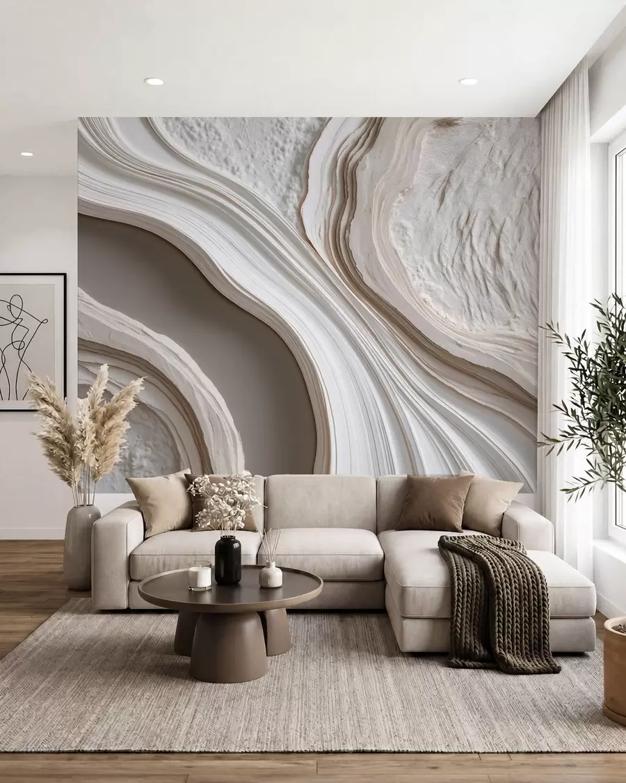 fototapeter Efterligning af bølget, struktureret puds i creme-beige nuancer med 3D-effekt w10042