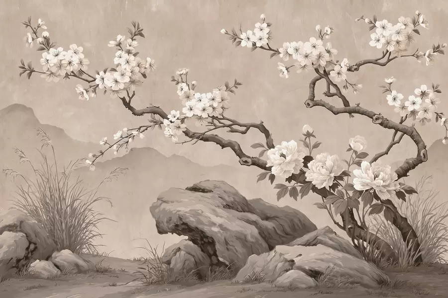 fototapeter En blomstrende kirsebærgren over klipper i lyse beige nuancer, i orientalsk maleristil w10052