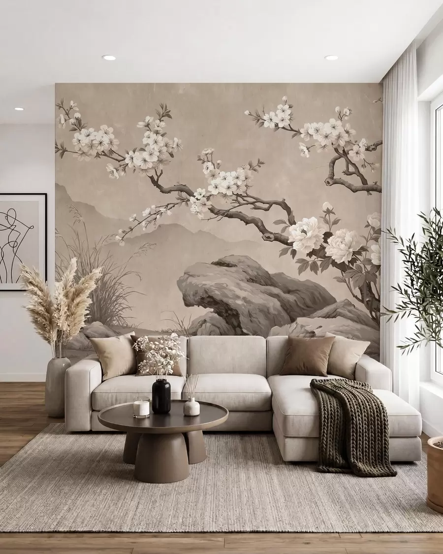 fototapeter En blomstrende kirsebærgren over klipper i lyse beige nuancer, i orientalsk maleristil w10052